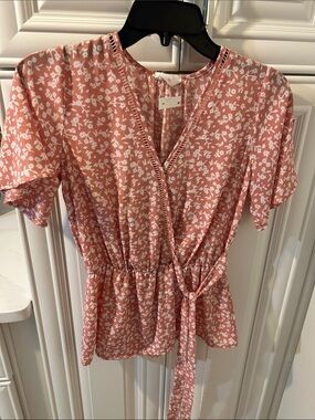 Pink Floral Tie-Waist V-Neck Women’s Blouse
